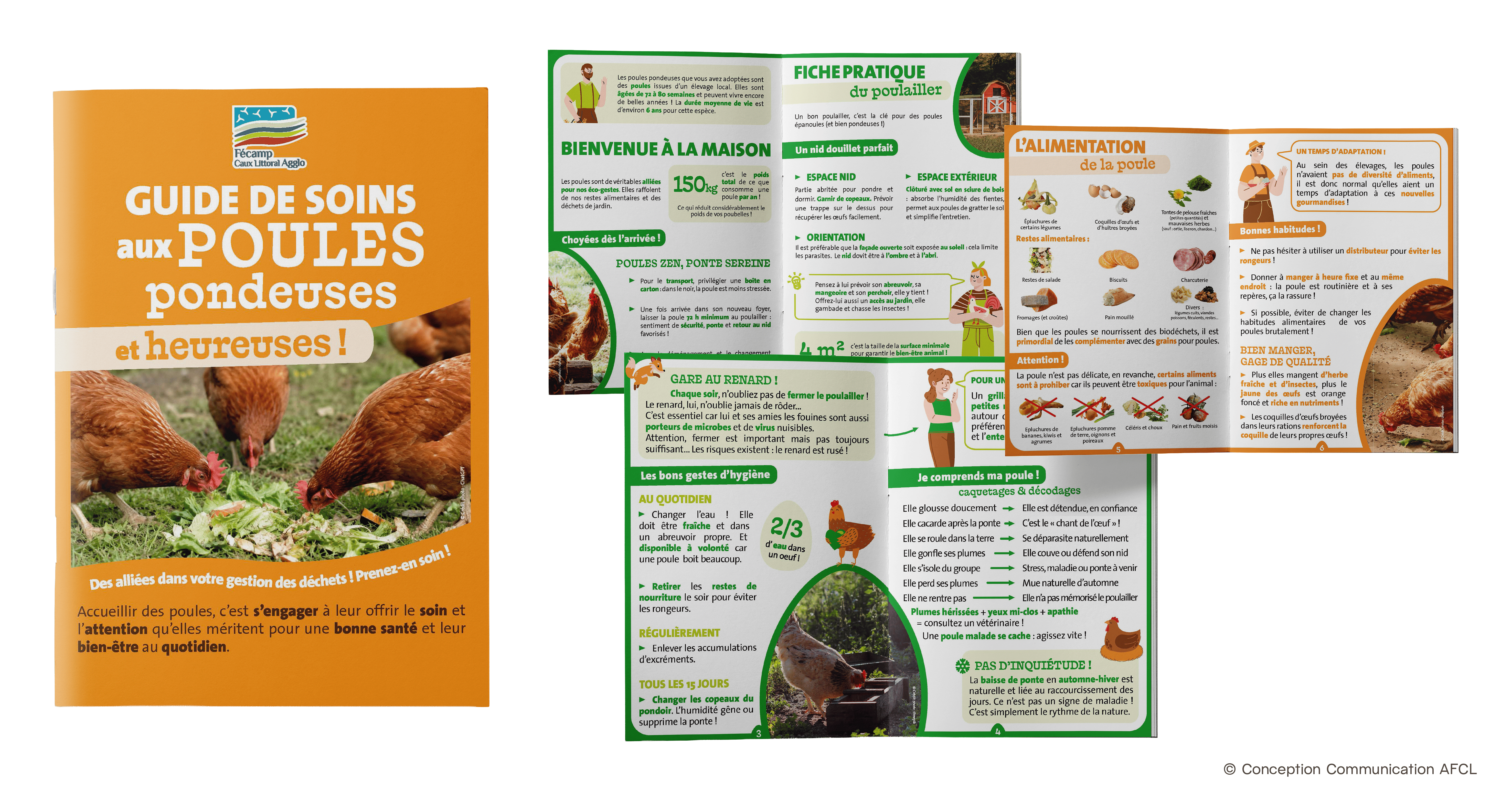 Guide de soins aux poules pondeuses : couverture et double page intérieure